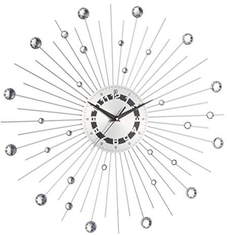 Cepewa Wanduhr glänzend silberfarben mit Strass-Steinen an Sonnenstrahlen-förmigen Ziffernblatt Durchmesser: 50 cm Metall Quarz-Uhrwerk benötigt 1 x AA Batterie