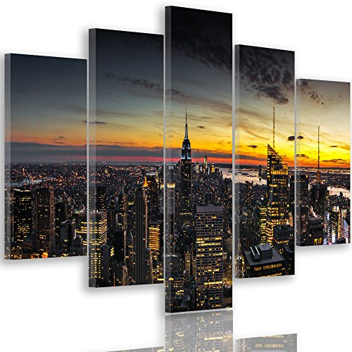 Feeby. Leinwandbild - 5 Teile - Bilder, Wand Bild, Wandbilder, Kunstdruck XXL, 5-Teilig, Typ A, 200x100 cm, ARCHITEKTUR, NEW YORK, SCHWARZ, GELB