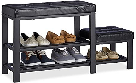 Relaxdays Schuhbank mit Fußschemel, bequeme Sitzpolsterung, 2 Ebenen, Schuhregal für Kinder, 50 x 30,5 x 90,5 cm, Schwarz