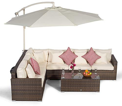 Giardino Havana 6 Seater Brown Rattan Corner Sofa Set + Large Coffee Table + Parasol + Sun Lounger & Outdoor Furniture Cover | L Shaped Outdoor Corner Sofa | 8 piece Patio Poly Rattan Garden Sofa Set