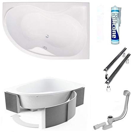 ECOLAM Badewanne Eckwanne Eckbadewanne Acryl weiß Dora Polimat 170x110 cm RECHTS + universeller Wannenträger + Ablaufgarnitur Ab- und Überlauf Automatik Füße Silikon - Komplett-Set