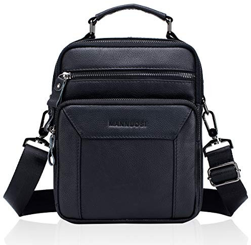 MANNUOSI Leder Umhängetasche Herren Schultertasche Herrentasche mit Abnehmbarem Schultergurt Vintage für Arbeit Reise Alltagsleben Schwarz C