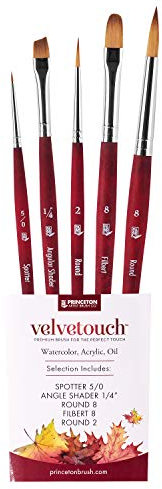 Princeton Velvetouch, série 3950, Pinceau pour Acrylique, Huile et Aquarelle, Lot de 5 Spotter 5/0, Angle Shader ¼, Rond 8, Filbert 8, Rond 2