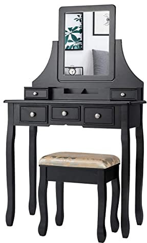 GIANTEX Schminktisch mit Hocker, Make-up Tisch Kosmetiktisch mit 5 Schubladen, 360° schwenkbarer Spiegel, bewegliche Aufbewahrungsbox, Frisiertisch Set Frisierkommode Holz (schwarz)