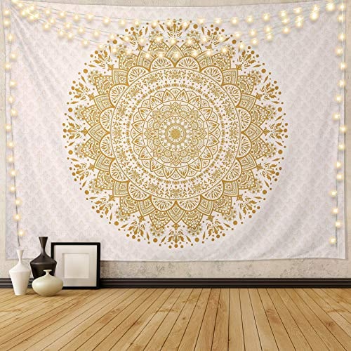 Edeesky Weißer goldener Mandala-Wandteppich, Wandbehang, psychedelisches Medaillon, Wandteppich, ästhetisch, indisches Hippie-Wanddekoration, böhmische Wandkunst, Wohnzimmer, Wohnheim