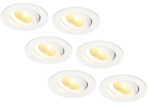HOFTRONIC - 6er LED Einbaustrahler 230V Weiß IP44 Wasserdicht Dimmbar Schwenkbar 2700K Extra Warmweiß 6x8W 6x650 Lumen Bad Einbauleuchte Einbauspot für innenbereich und Außenbereich