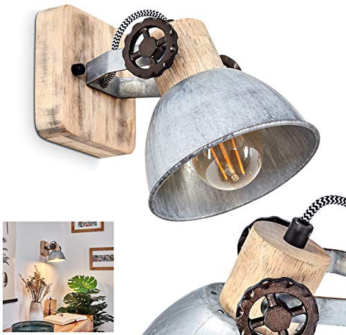 HOFSTEIN Wandleuchte Orny, 1-flammiger Wandstrahler aus Holz und Metall in silberfarben, Industrial/Vintage Look Zimmerlampe, 1 x E27 max. 60 Watt, der Leuchtenkopf verstellbar