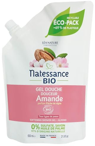Natessance - Gel Douche Douceur - Parfum Pêche De Vigne - Certifié Bio Cosmos Organic Eco-pack 100% Recyclable - 650 ml