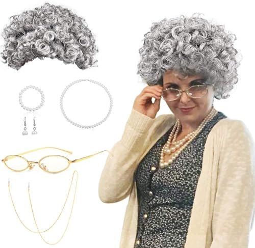 BIQIQI Oma Perücke Grauer Old Lady Kostüm Set Damen Großmutter Cosplay Zubehör mit Locken Oma Perücke, Madea Oma Brille, Brillenketten Kordelriemen, Perlenschmuck Oma Verkleidung Fasching Karneval