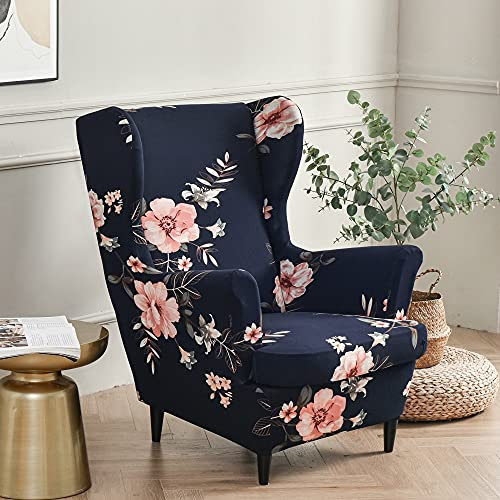 Highdi 2-Teilig Ohrensessel Bezug für Stradmon Stuhl, Stretch Sesselüberwürfe mit Modern Druck Elastisch mit Armlehne Sesselhusse für Ohrensessel, Relaxsessel, Fernsehsessel (Dunkelblaue Blumen)