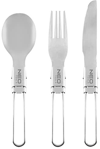 NEO TOOLS Touristenbesteck 3 in 1 Löffel, Messer, Gabel, klappbare Ausführung, Gewicht 70g, Material Edelstahl, Tragetasche, Lebensmittelzulassungszertifikat LFGB