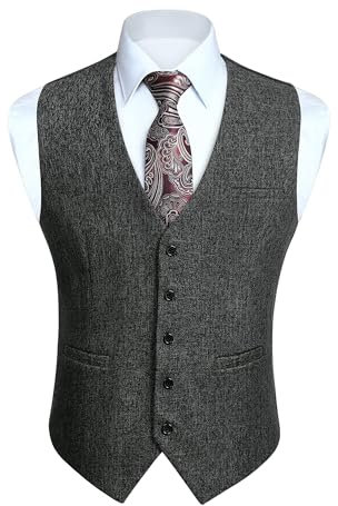 HISDERN Gilet Costume Homme Gris Mariage Formel Classique Coton Gilets Sans Manche Vintage Casual Couleur Unie Fête Business XL