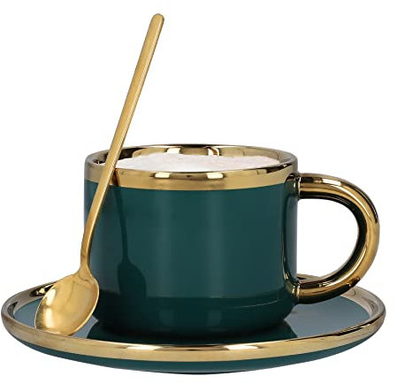 HOMLA Sinnes Kaffeetasse Porzellan mit Untertasse & Löffel - Teebecher Tasse Kaffeeservice - Vintage Edelstahl 200ml Smaragd & Gold