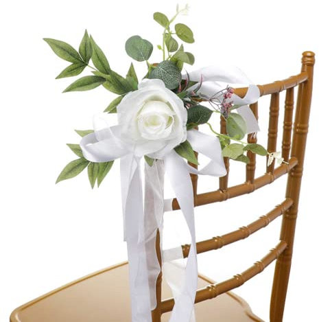YQYAZL Hochzeits-Gang-Dekorationen, Set mit 6 Kirchenstuhl, Bank, Kirchenbänke, Schleifen für Hochzeitszeremonie, Party, Stuhldekoration mit künstlichen Blumen, Eukalyptus und Bändern, Weiß (6 Stück),