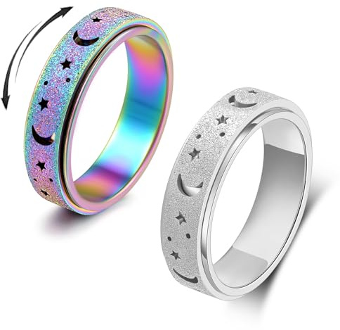 OreilleStar Anxiety Spinner Ring für Frauen - Fidget Spielzeug für Erwachsene - Edelstahl Silber Regenbogen Größe 7 Mondstern Band