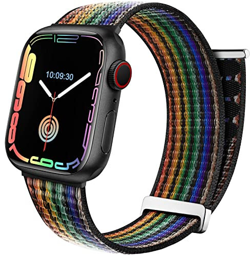 Mastten Sport Pride Armband Kompatibel mit Apple Watch Armband 40mm 41mm 38mm 42mm, Nylon Klettverschluss Herren Geflochtenes Armband für iWatch Series 10 9 SE 8 7 6 5 4 3 2 1, Schwarz Regenbogen