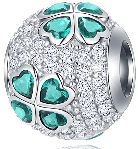 Sparklig Pave Grün Vier Blatt Klee Charms in 925 Sterling Silber, Irish Shamrock Runde CZ Ball Perlen passen Pandora Irland St Patricks Day Armband, Geschenk für Valentinstag/Weihnachten/Schwester