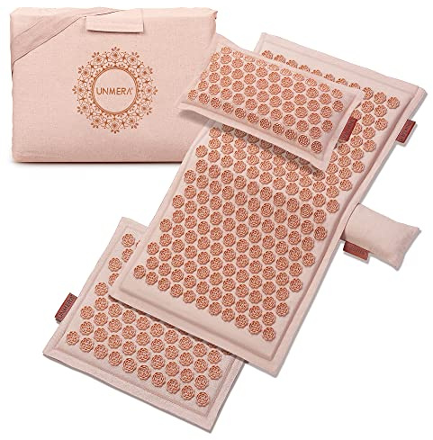 UNMERA Akupressurmatte und Kissen-Set, natürliche Premium-Leinen- und Kokosfaser-Füllung, zur Linderung von Rücken-/Nackenschmerzen, Ischias, Kopfschmerzen und Muskelentspannung, mit Tragetasche