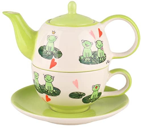 Mila Keramik Tee-Set Tea for One Love is in The Air Teekanne ca. 400ml mit Tasse und Unter-Tasse EIN-Personen-Tee-Service für Verliebte zum Valentinstag Hochzeitstag Jahrestag