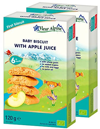 Fleur Alpine Biscuits pour bébé au jus de pomme – 12 x 2 délicieuses collations pour bébé pour une délicieuse bouillie de petit-déjeuner | Biscuits simples à snack entiers sans sucre ajouté | 6 mois