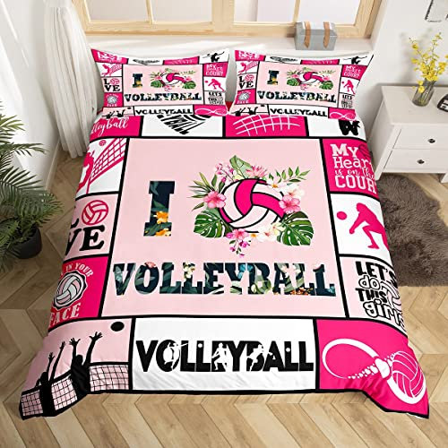 Manfei Volleyball Duvet Cover Set Single Size, Sports Theme Comforter Cover with 1 Pillowcase, Geometric Checks Pink Grid Bedding Set 2pcs for Kids Boys Girls Room Decor, Ball Gaming Bedspread Cover