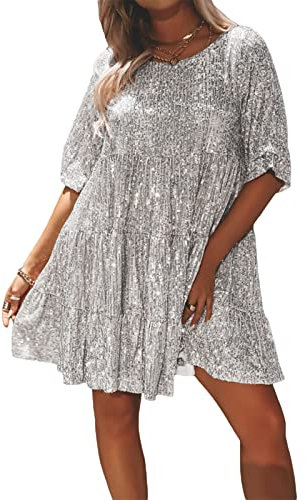 NewNewCome Pailletten-Kleid für Damen, kurzärmelig, glitzernd, Club, Disco-Tanz, Mini-Kleid, fließendes Swing-Kleid, silber, XL