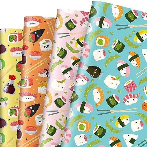 Whaline 12 Blatt Sushi-Gesichter Geschenkpapier Bulk 4 Design Niedliches Sushi Trendiges Geschenkpapier Kunstpapier für Geburtstag Hochzeit Babyparty DIY Handwerk Geschenkverpackung Dekoration, 50 x