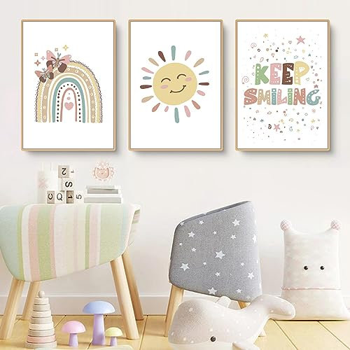 Herfair 3er Set Poster Kinderzimmer Deko Regenbogen Sonne Bilder, Boho Deko Bilder Set, Wandbilder für Jungen Mädchen Wohnzimmer Schlafzimmer, Ohne Rahmen (40x50cm)