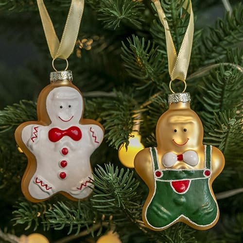 Amanman Glas-Weihnachtsschmuck, Lebkuchen-Weihnachtsschmuck, mundgeblasene und handbemalte Glasornamente für Weihnachtsbaumschmuck, 2 Stück