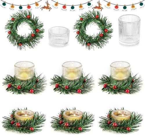 Hewory Teelichthalter Weihnachten Tischdeko Kerzenhalter: 8pcs Teelichtgläser mit Beeren Kerzenring Mini Weihnachtskranz, Dekorative Votivkerzenhalter Kerzengläser für Weihnachtsdeko Tisch