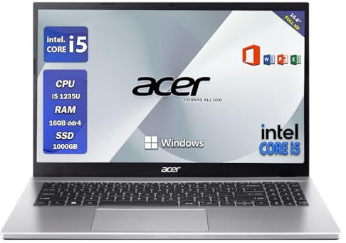 acer notebook i5, Pc portatile, intel core i5 1235u, ram 16 gb, ssd Nvme 1 Tb, Display FHD 15.6, BT, WiFi, Windows 11 Pro, Office Pro, Laptop pronto all'utilizzo