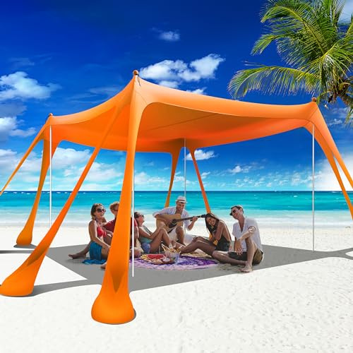 VIONMI Stranddach, Strandzelt, Pop-Up-Schatten, 3 x 3 m, Sonnenschutz LSF 50+, mit 8 Sandsäcken, 2 Sandschaufeln, 4 Aluminium-Stangen, Heringe, tragbare Tragetasche für Outdoor, Familie, Camping,