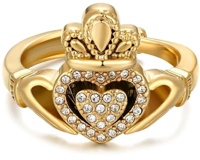 Gold Claddagh Ring With Sparkling Stones, 6g Weight, PVD Gold Plated – Bling King London