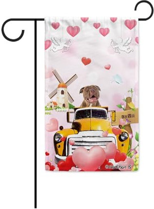 Pitbull Red Nose Dog Drive a Car Valentines Garden Flag Love Hearts Happy Valentine's Decorative Banner for Yard Outside Patio Double Side 12.5X18 Inch
