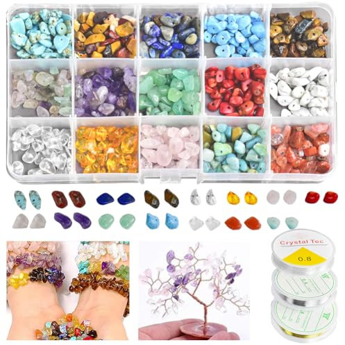 CAREDGO 600 Stk Edelstein Perlen Set Halbedelsteine Perlen mit Loch 15 Farben Schmucksteine Perlen 5-7mm Natursteine zum Basteln Steinperlen mit Kupferdraht Schnur Ringe Selber Machen Set für DIY