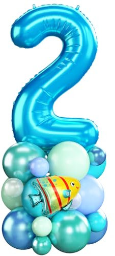 Luftballons 2. Geburtstag Junge Blau Ocean Zahlen 2 Folienballons für 2 Jahr Alt Geburtstags Deko mit Hai Fisch Shark 40 Zoll Groß Blau Grün unter dem Meer Tiere Zwei Digit Ballon für Zweite 2nd Party
