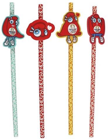 PARIS 2024 Lot de 4 Pailles Fantaisie Mascotte Officielles Multicolore | Polypropylène, lot de 4 pailles fantaisie mascotte, produit officiel Paris 2024, réutilisables, multicolore