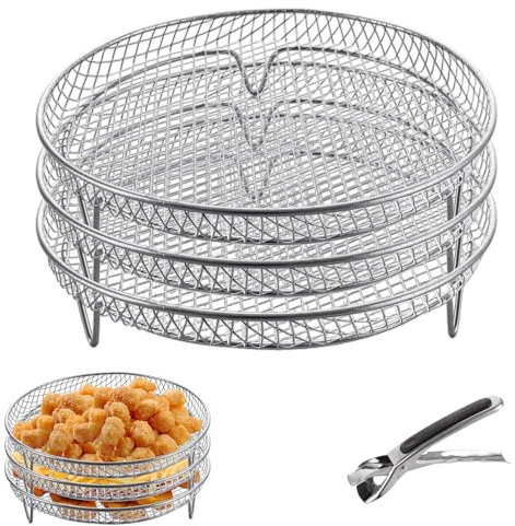 AKOLAFE 3Pack Round Air Fryer Rack for Ninja, Stainless Steel Air Fryer Accessories 3 Layer Stackable Airfryer Rack Set Including a Clip Dehydrator Rack for 5.5L to 8L Air Fryer