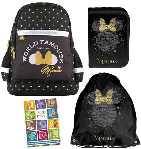 Goldkids - Schulranzen für Jungen und Mädchen, 4er-Set - Schul-Rucksack für Kinder mit Federmäppchen - Schuhbeutel und Hausaufgabenheft - Minnie Maus Motiv - 1-3 Klasse
