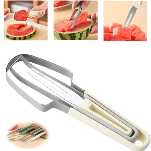 Coupe-pastèque, 3 en 1 en acier inoxydable, coupe-melon, coupe-fruits, fourchette à fruits pour la maison, les fêtes, le camping, les appareils de cuisine (beige)