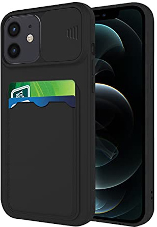 Wousunly Compatible with iPhone 12 mini Case with Card Holder, iPhone 12 mini Phone Case with Slide Camera Protection Cover Shockproof Silicone Cute Full Body Cases (Black)