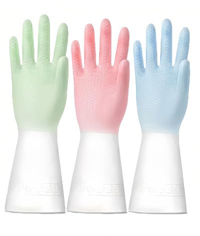 AORHOFJ Gants Vaisselle, Gants Cuisine,Gant Menage,Gants de ménage parfumés, Doublure floquée, Gants en Caoutchouc imperméables et antidérapants pour la Cuisine et la lessive, (3 Paires M)