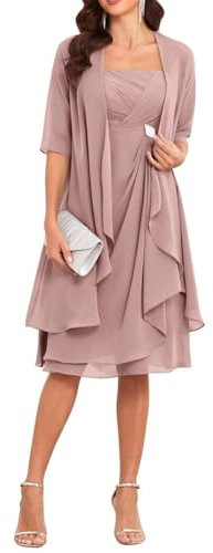 Robes de mère de la mariée avec veste 2 pièces mi-manches longueur genou en mousseline de soie robe mère marié, vieux rose, 40