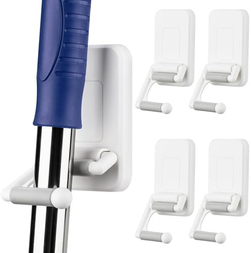 NiHome 4-Pack Multi-Use Wall Mounted Mop & Broom Holder, Space-Saving, 180° Rotating, Self-Adhesive, No-Drill Installation, 2.5 cm x 2.5 cm x 2.5 cm, Plastic, Indoor, Bathroom & Kitchen Storage