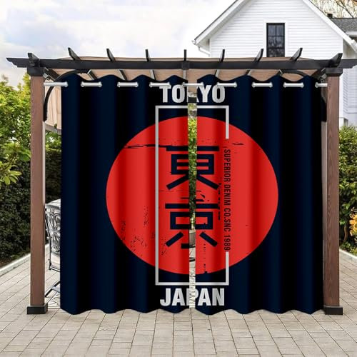 Treer Outdoor Curtains Printing Waterproof Garden Blackout Shades Eyelet Privacy Curtain, for Outside Pergola Porch Pool, Patio Gazebo Bedroom Balcony (W101x L213cm,Japanese style)