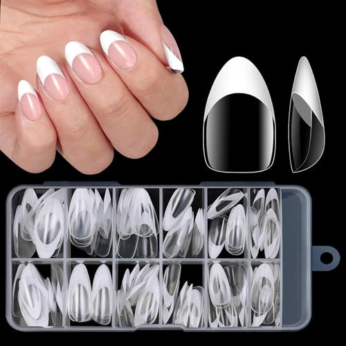 U-Shinein French Press On Nails, White French Nail Tips, Short Almond False Nails, Nail Art Nails for Sticking, Fake Nails With Box, 120 Pcs Finished Nails For Women, 05 White