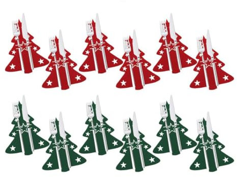 CJQRL 12 Piezas Porta Cubiertos Navidad, Decoracion Mesa Navidad Incluyendo Adornos Navidad Rojo y Verde y Guirnalda Navidad de Servilletas de Pino, Arbol Navidad Fieltro, Adornos Navidad de Cubiertos