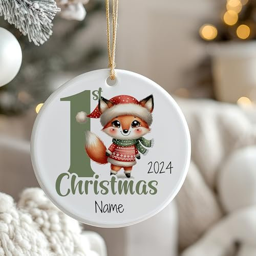 GRAZDesign Personalisierte Weihnachtskugel mit Namen Erstes Weihnachten mit Fuchs Christbaumkugel Keramik