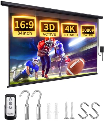 Projector Screen Motorized Pull Down 84 Inch 16:9 Electric Projector Screen with Remote, Automatic Projector Screens Wall Ceiling Mount Small Movie Screens for Projectors Outdoor Indoor Black