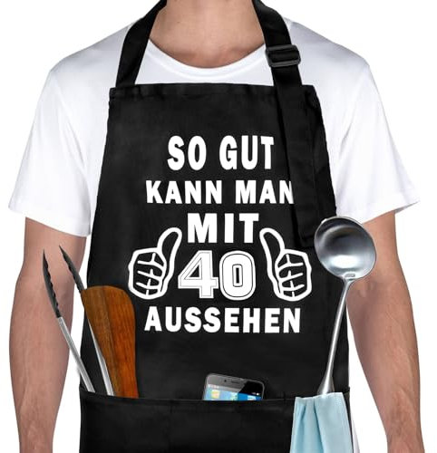 Geschenk 40 Geburtstag Mann, Kochschürze Herren Mit 3 Vordertaschen, Lustige Geschenke Zum 40 Geburtstag Mann, Verstellbare Grillschürze Für Männer, Wasserdicht Küchenschürze Zum 40 Geburtstag Männer